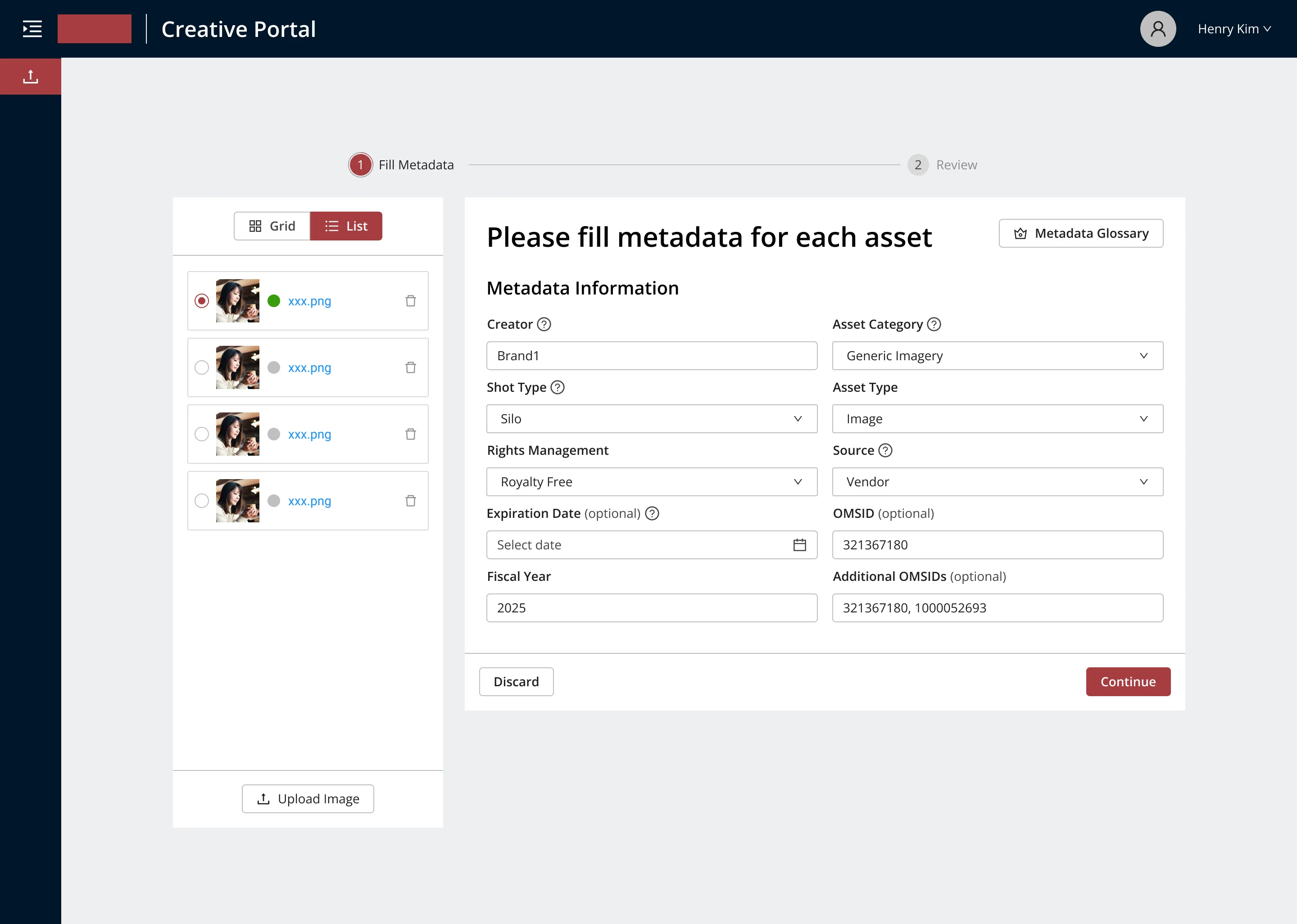 The first step toward that vision — a supplier fills in metadata for one selected image at a time: creator, asset category, shot type, rights management, and source.